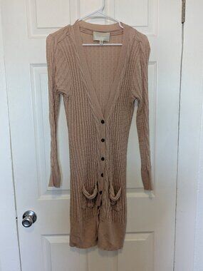 Brochu Walker Pink Cable Knit Long Cardigan Sweater Lg Cottage Fairy Romantic